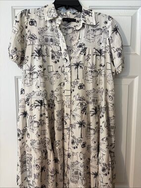 Lightweight White Button-Front Shirt Dress with Black Print